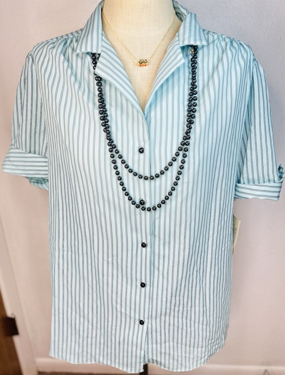 Vtg Deadstock Rhapsody Blue Stripe Button Up With Necklace Attached Plus Size 22